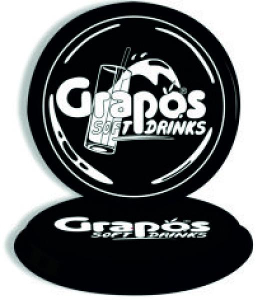 Tray motif Grapos logo, back side Grapos lettering, diameter 370 mm,Height 25mm